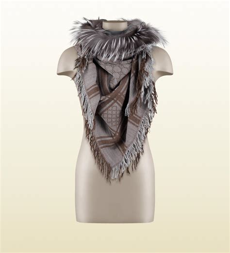 gucci print shawl|gucci scarf with fur trim.